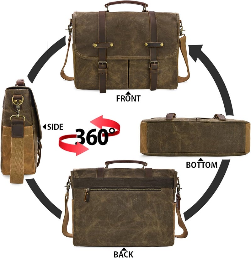 NEWHEY Mens Messenger Bag 15.6 Inch Waterproof Vintage Genuine Leather Waxed Canvas Briefcase Large Leather Computer Laptop Bag Rugged Satchel Shoulder Bag, Coffee - Image 5